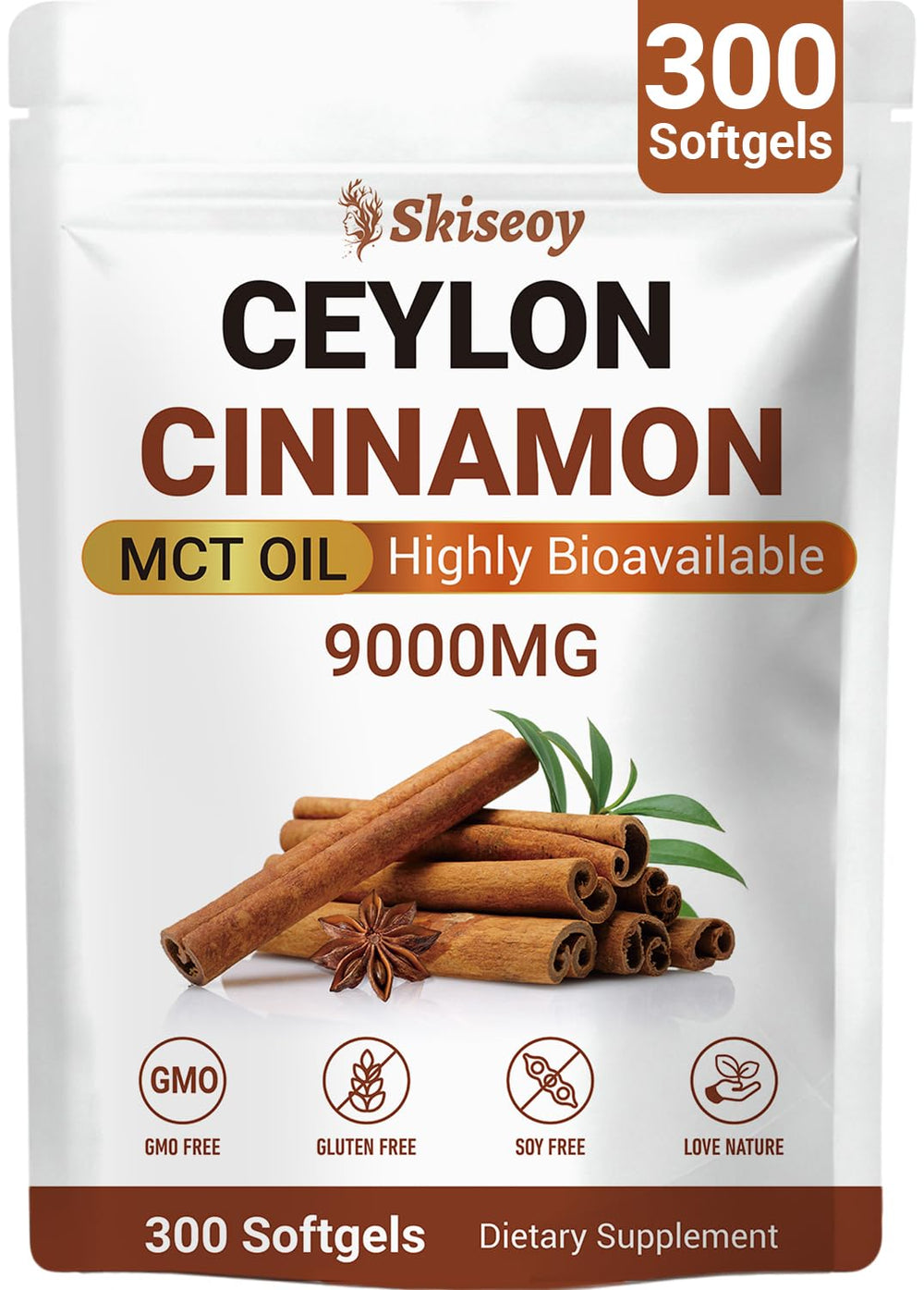 Skiseoy envase frontal mostrando Ceylon Cinnamon y MCT, conveniencia diaria
