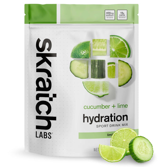 Skratch Labs frente del empaque mostrando sabor pepino y lima y ventaja refrescante