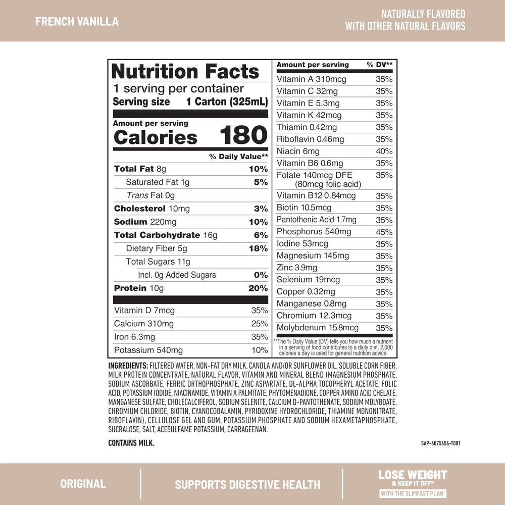 SlimFast etiqueta nutricional en botella destacando vitaminas y proteína