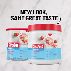 SlimFast envase junto a mano para comparar tamaño, ideal para llevar y porciones