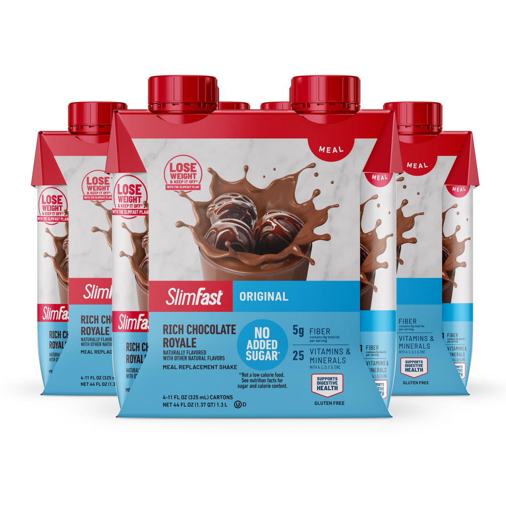 SlimFast frente del envase Rich Chocolate Royale mostrando conveniente formato