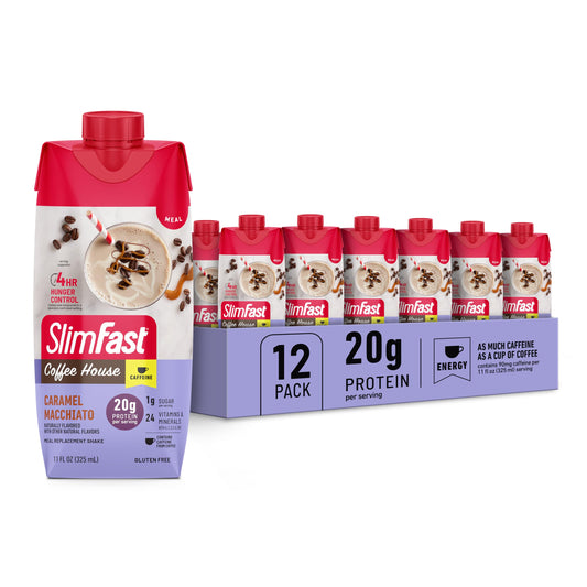 SlimFast frente del pack de 12 botellas mostrando la marca y sabor, conveniente para llevar