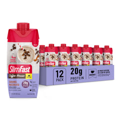 SlimFast frente del pack de 12 botellas mostrando la marca y sabor, conveniente para llevar