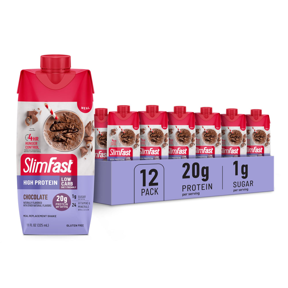 SlimFast envase frontal chocolate mostrando diseño y conveniencia
