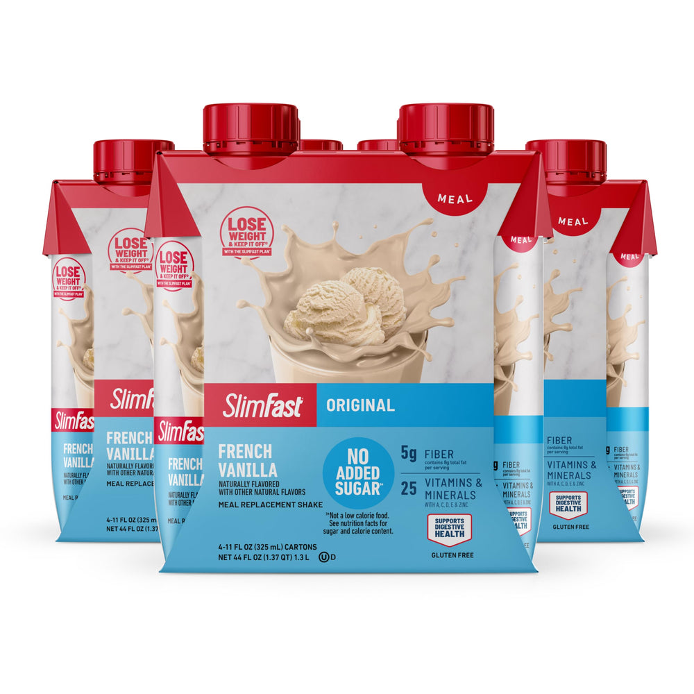 SlimFast envase frontal French Vanilla mostrando beneficio práctico