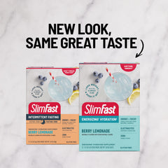 SlimFast sobre individual mostrando polvo listo para mezclar