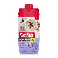 SlimFast persona en oficina disfrutando el batido para un almuerzo rápido y nutritivo