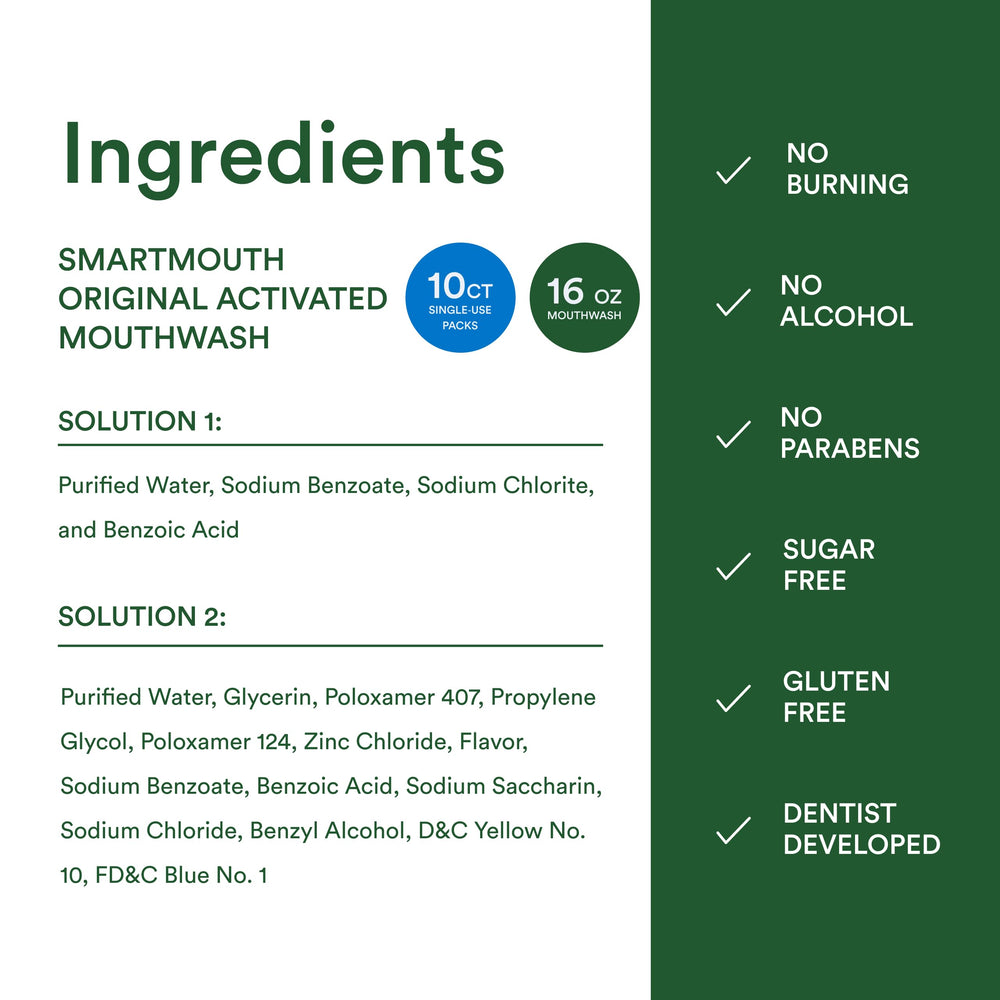 Detalles de ingredientes SmartMouth en etiqueta que subrayan fórmula sin parabenos