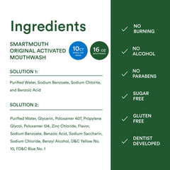 Detalles de ingredientes SmartMouth en etiqueta que subrayan fórmula sin parabenos