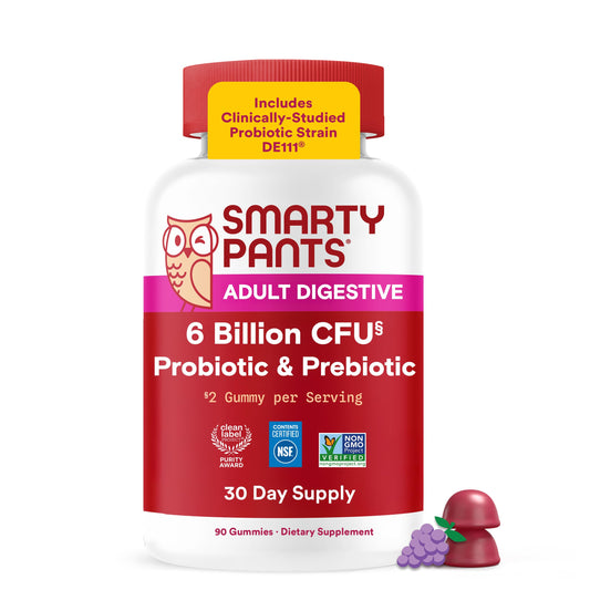 SmartyPants envase frontal de gomitas uva mostrando cantidad y marca