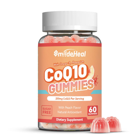 SmildeHeal CoQ10 gomitas en botella, enfoque en energía celular y salud cardíaca.