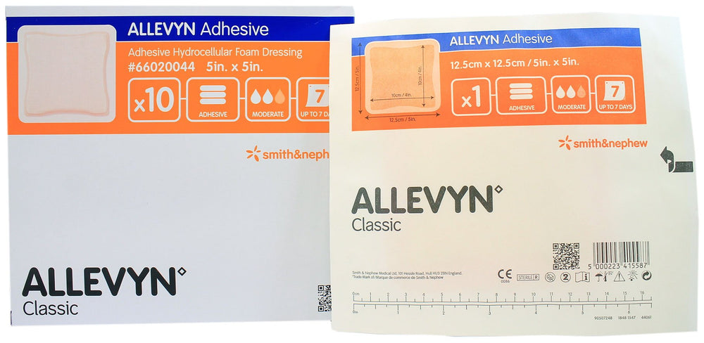 Smith & Nephew Allevyn vista frontal del empaque, protección y absorción confiable