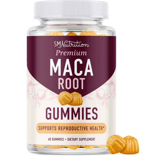 SMNutrition Maca Root Gummies peach bottle with 60 gummies for daily energy