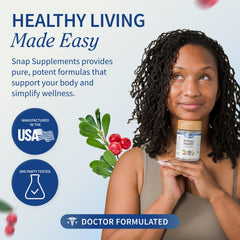Snap Supplements frasco abierto con cápsulas mostrando cantidad por envase