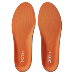 Sof Sole plantilla frontal en empaque mostrando ajuste y color naranja, confort todo el día