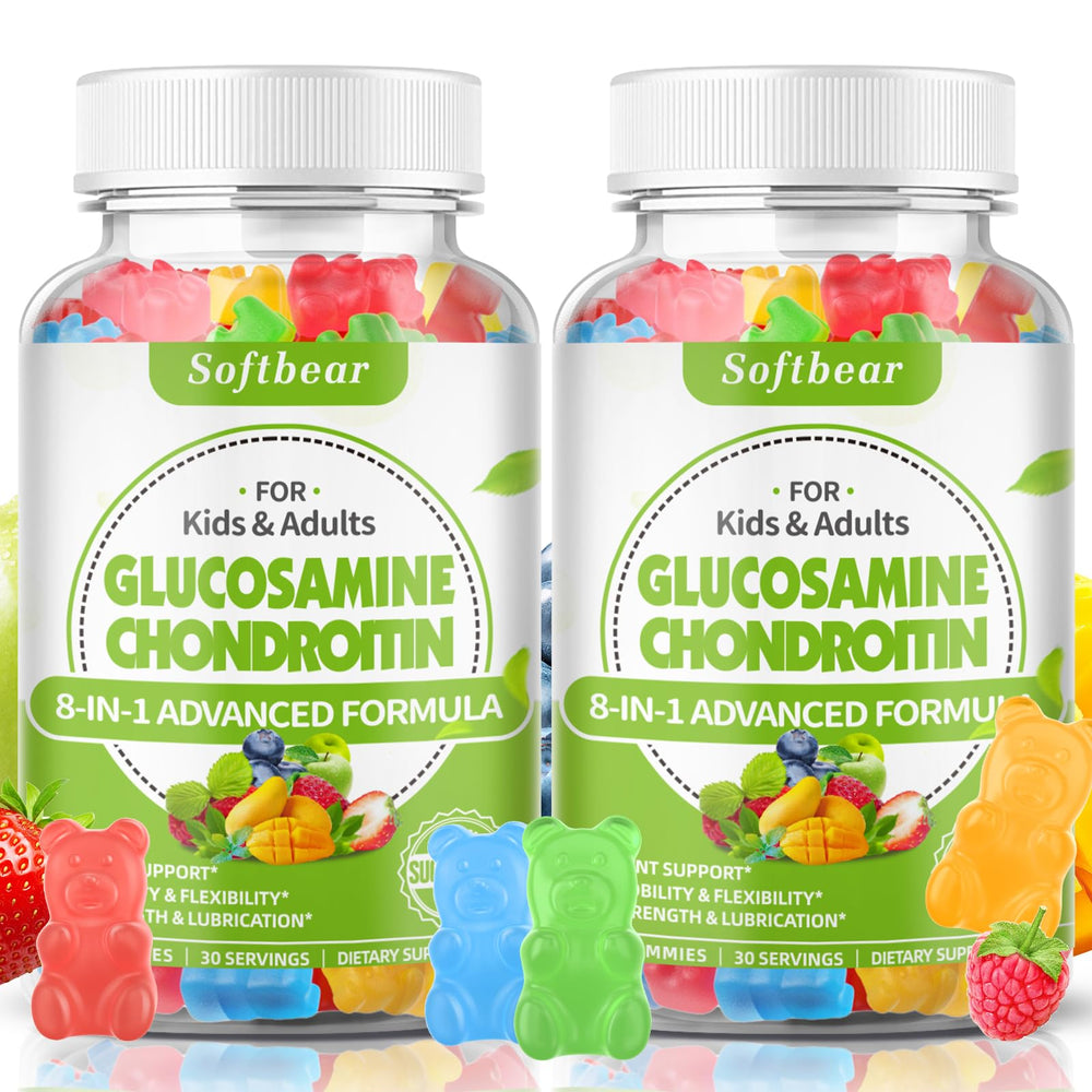 Softbear gomitas-glucosamina-condroitina-msm en envase, apoyo a articulaciones y flexibilidad.