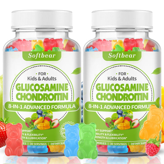Softbear gomitas-glucosamina-condroitina-msm en envase, apoyo a articulaciones y flexibilidad.
