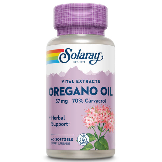 SOLARAY Aceite de oregano en cápsulas suaves, botella, fácil de ingerir para bienestar diario.