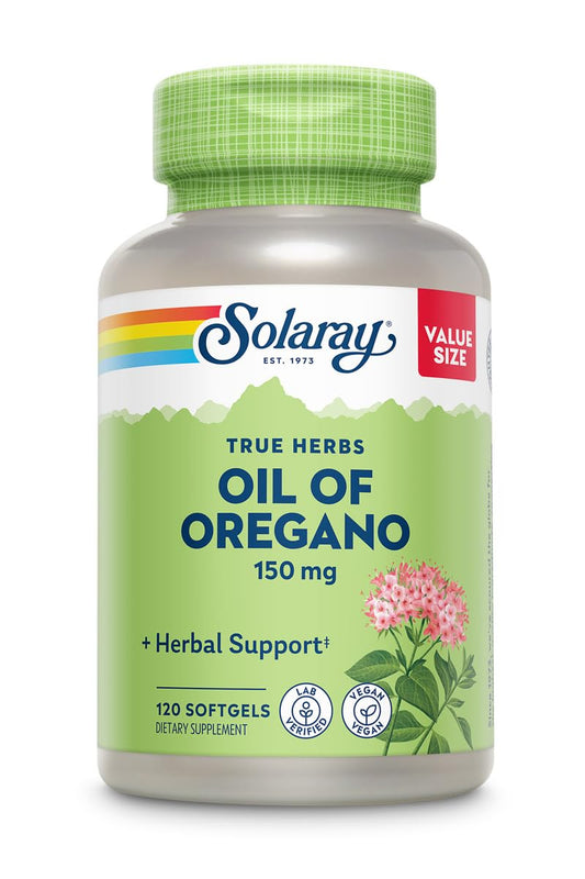 SOLARAY Aceite de Orégano Cápsulas Blandas en botella para apoyo digestivo suave.