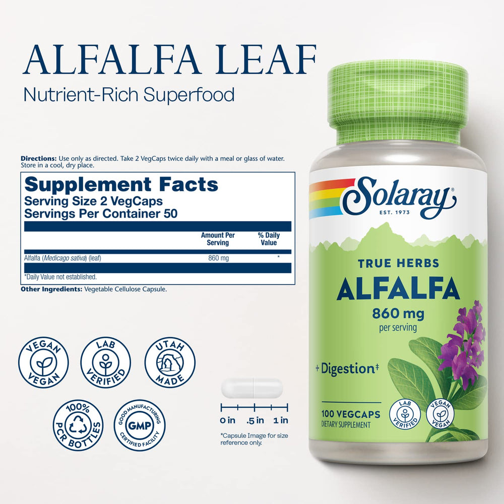 SOLARAY Alfalfa Cápsulas 860 mg, formato práctico para complementar la dieta.