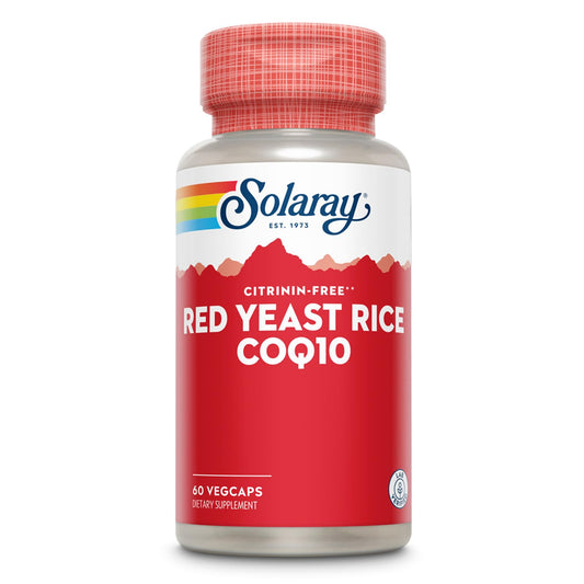 SOLARAY Arroz de levadura roja con CoQ-10 en frasco para apoyo cardiovascular.