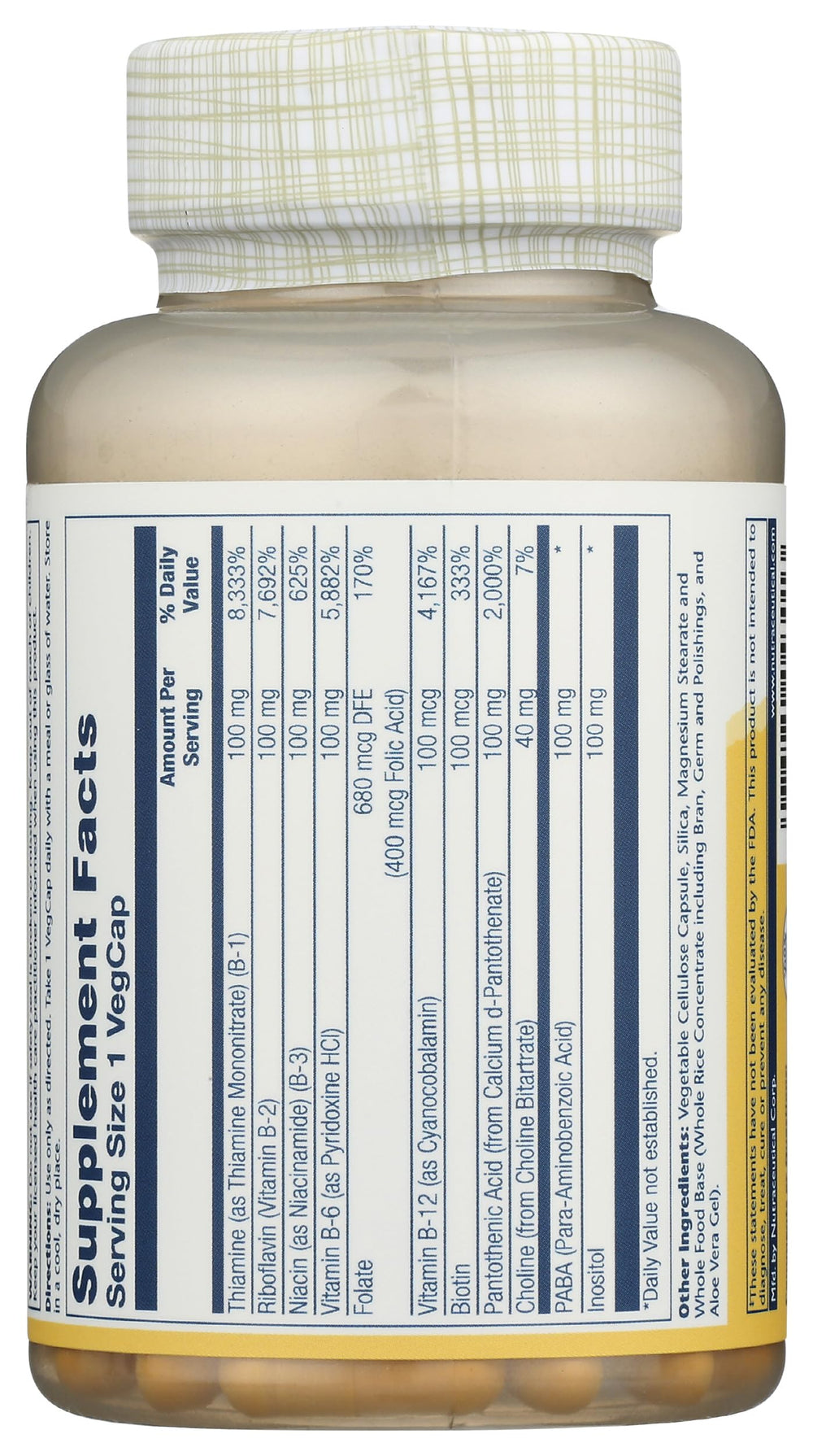 SOLARAY B-Complex etiqueta frontal: información clara sobre dosis y uso recomendado