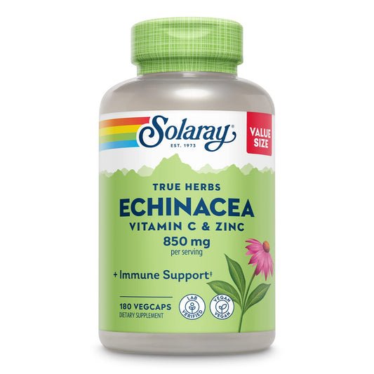SOLARAY Echinacea en cápsulas sobre botella para posible apoyo inmunitario.