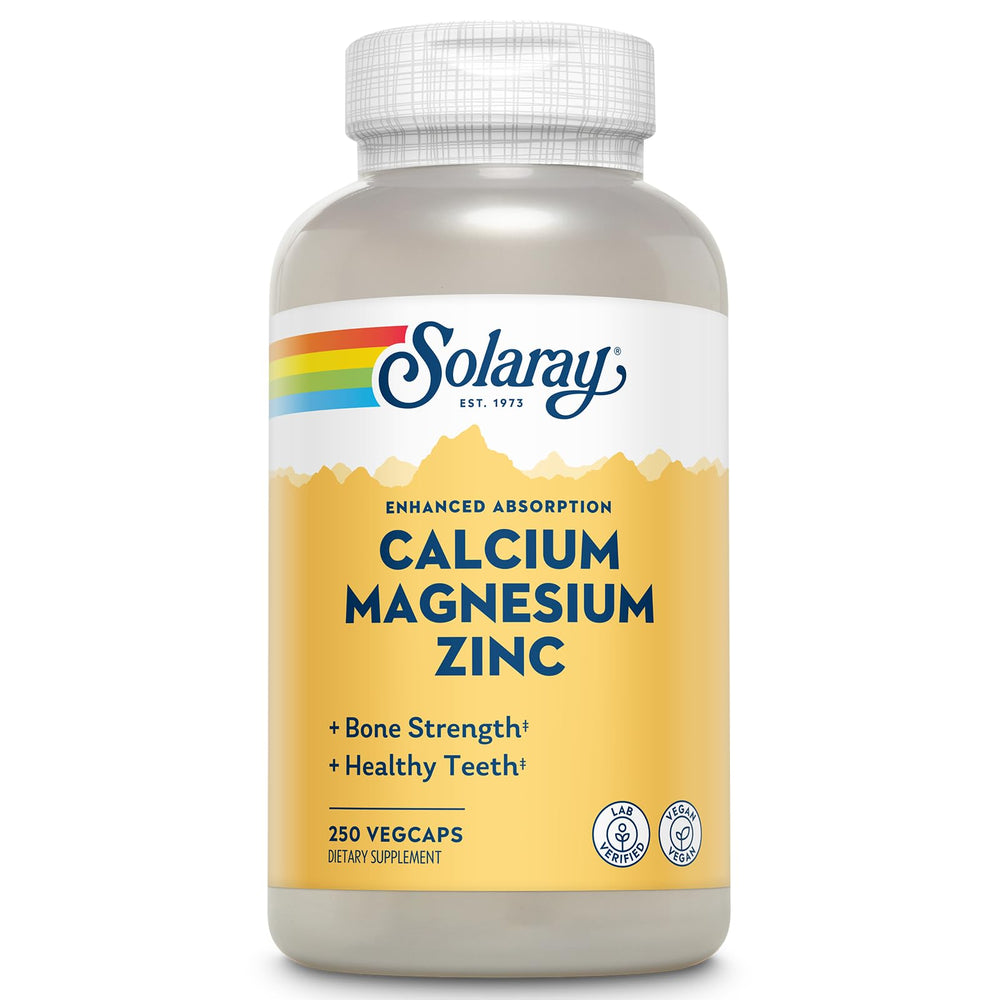 SOLARAY Calcium Magnesium Zinc bottle front with vegan capsules for bone and muscle support.