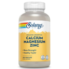 SOLARAY Calcium Magnesium Zinc bottle front with vegan capsules for bone and muscle support.