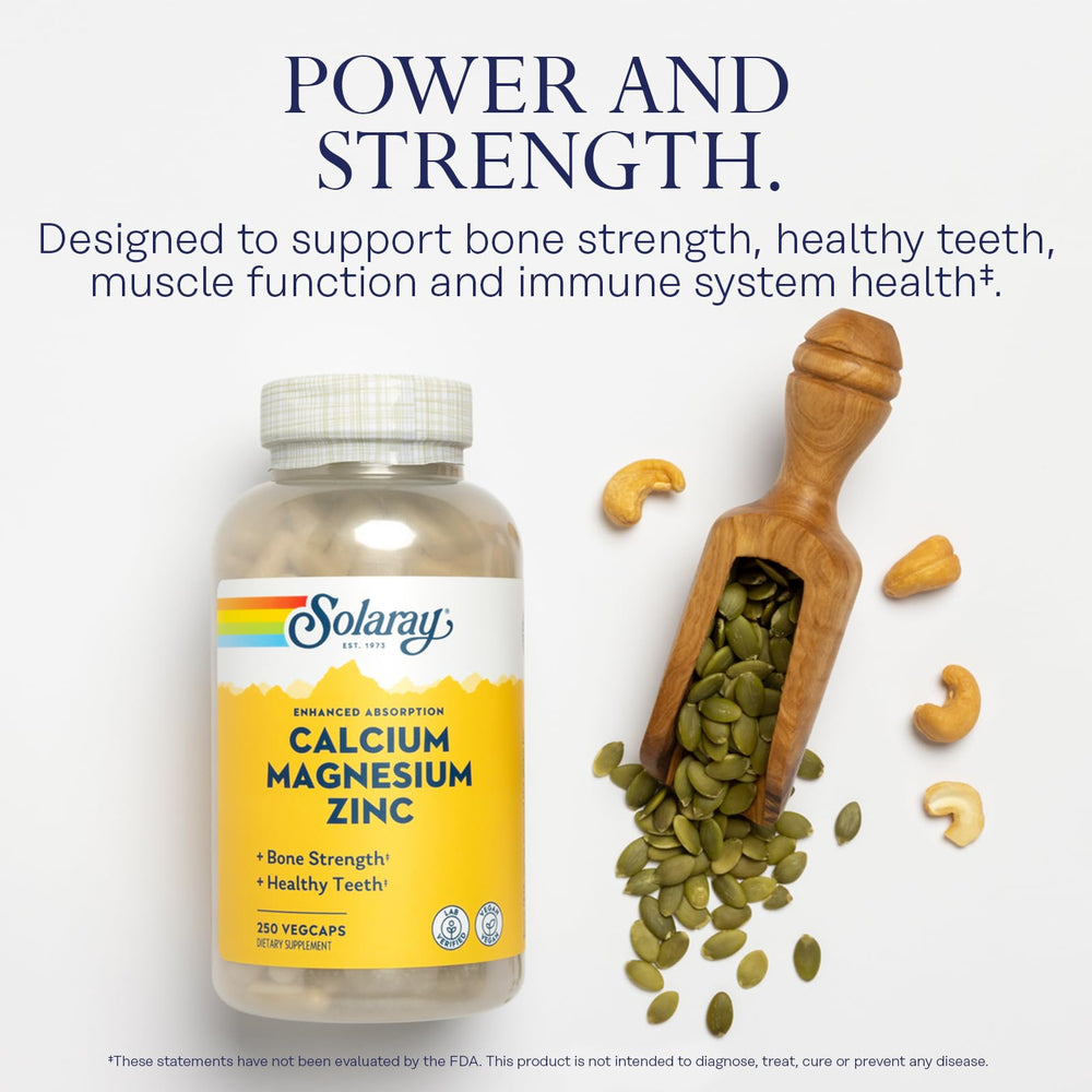 SOLARAY calcium magnesium zinc pour from bottle illustrating easy daily use.
