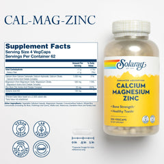 SOLARAY calcium magnesium zinc tablets close-up highlighting immune and heart health benefits.