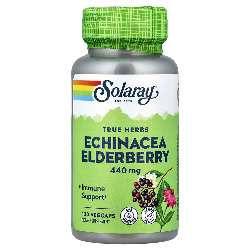 SOLARAY cápsulas echinacea y saúco en botella, posible apoyo al bienestar estacional