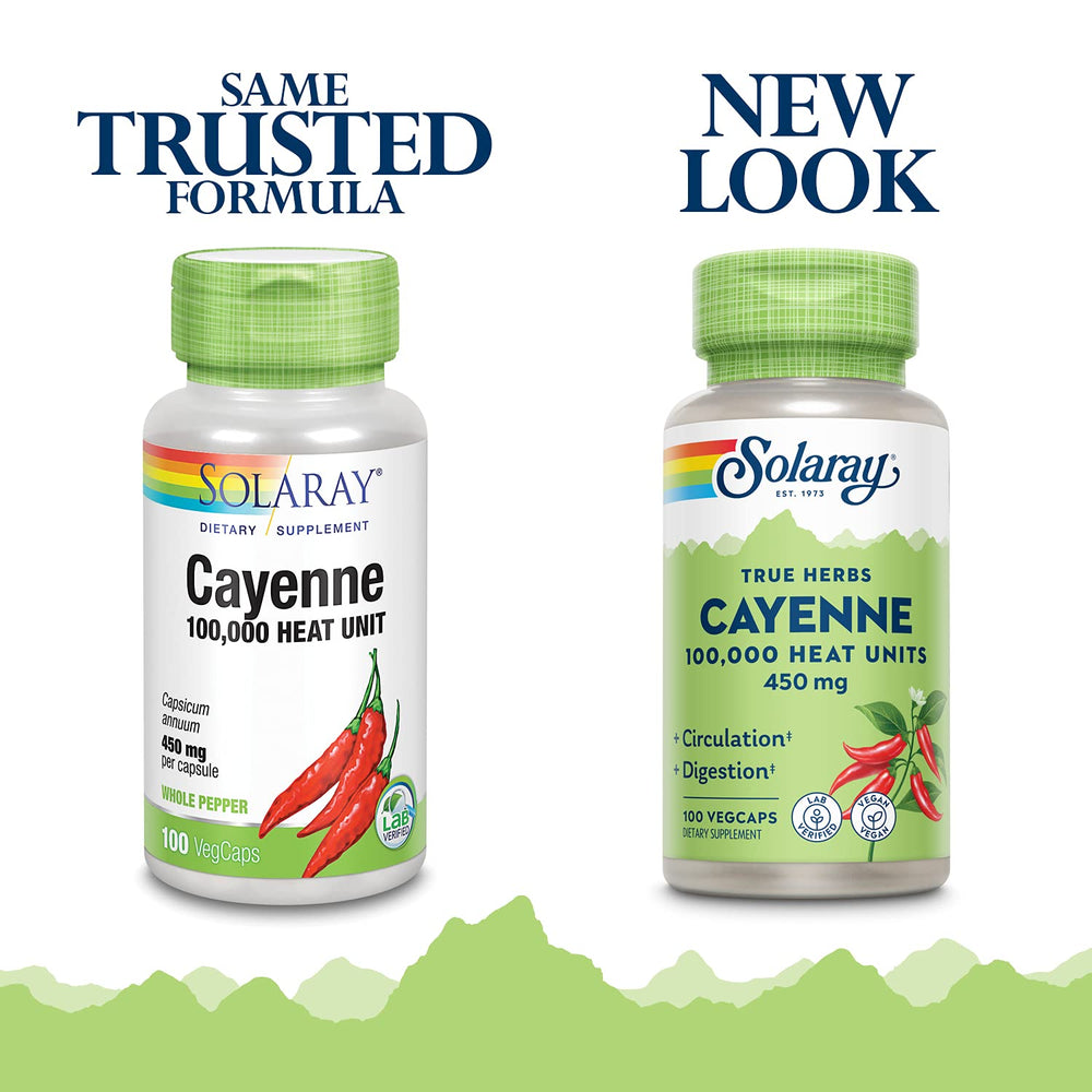 Solaray Cayenne capsules 450 mg serving showcases capsaicin content