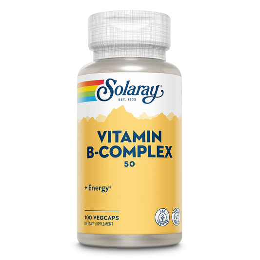 SOLARAY Complejo B 50 mg, cápsulas veganas para energía diaria.