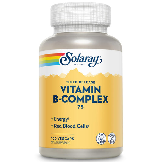 SOLARAY Complejo B 75 mg, botella frontal, posible apoyo a energía diaria.
