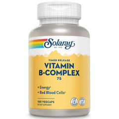 SOLARAY Complejo B 75 mg, botella frontal, posible apoyo a energía diaria.