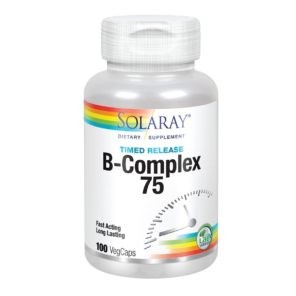 SOLARAY Complejo B 75 mg, caja de producto y empaque.