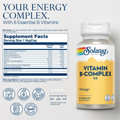 SOLARAY complejo B frasco abierto mostrando cápsulas veganas.