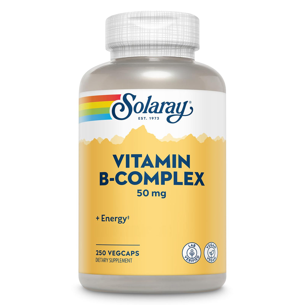 SOLARAY Complejo B50 – botella visible para energía diaria y metabolismo.