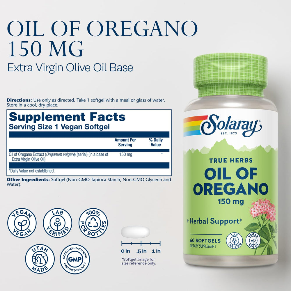 Detalle de etiqueta Solaray con información de 150 mg y carvacrol visible