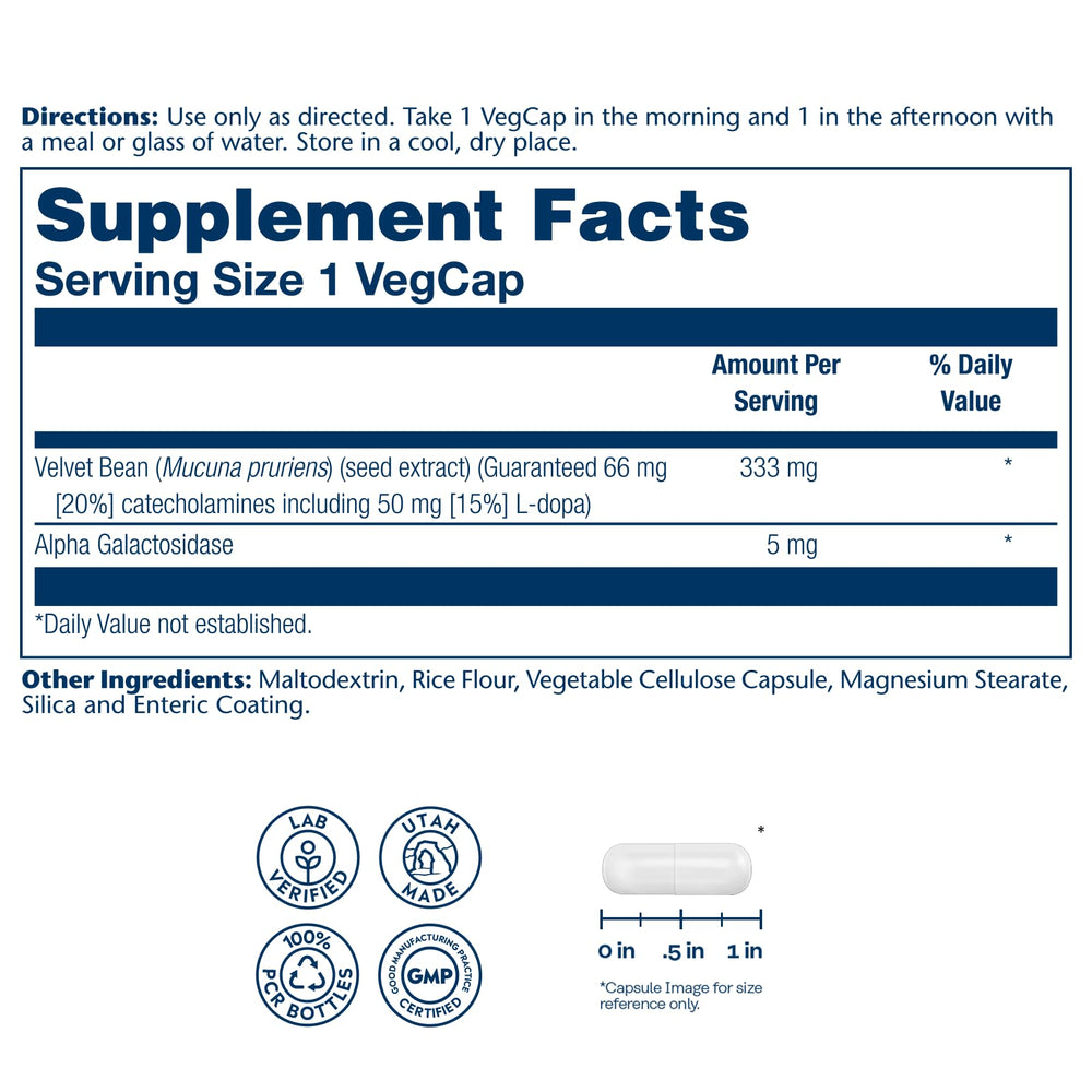 SOLARAY Dopabean 333mg en etiqueta, información clara de ingredientes