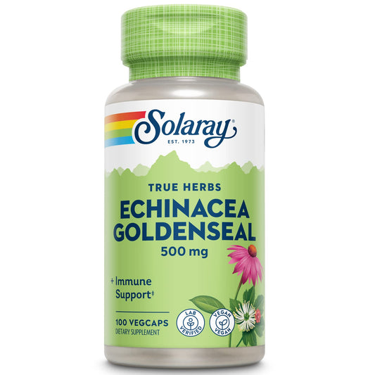 SOLARAY Echinacea y Goldenseal en frasco de cápsulas vegetales para uso diario.