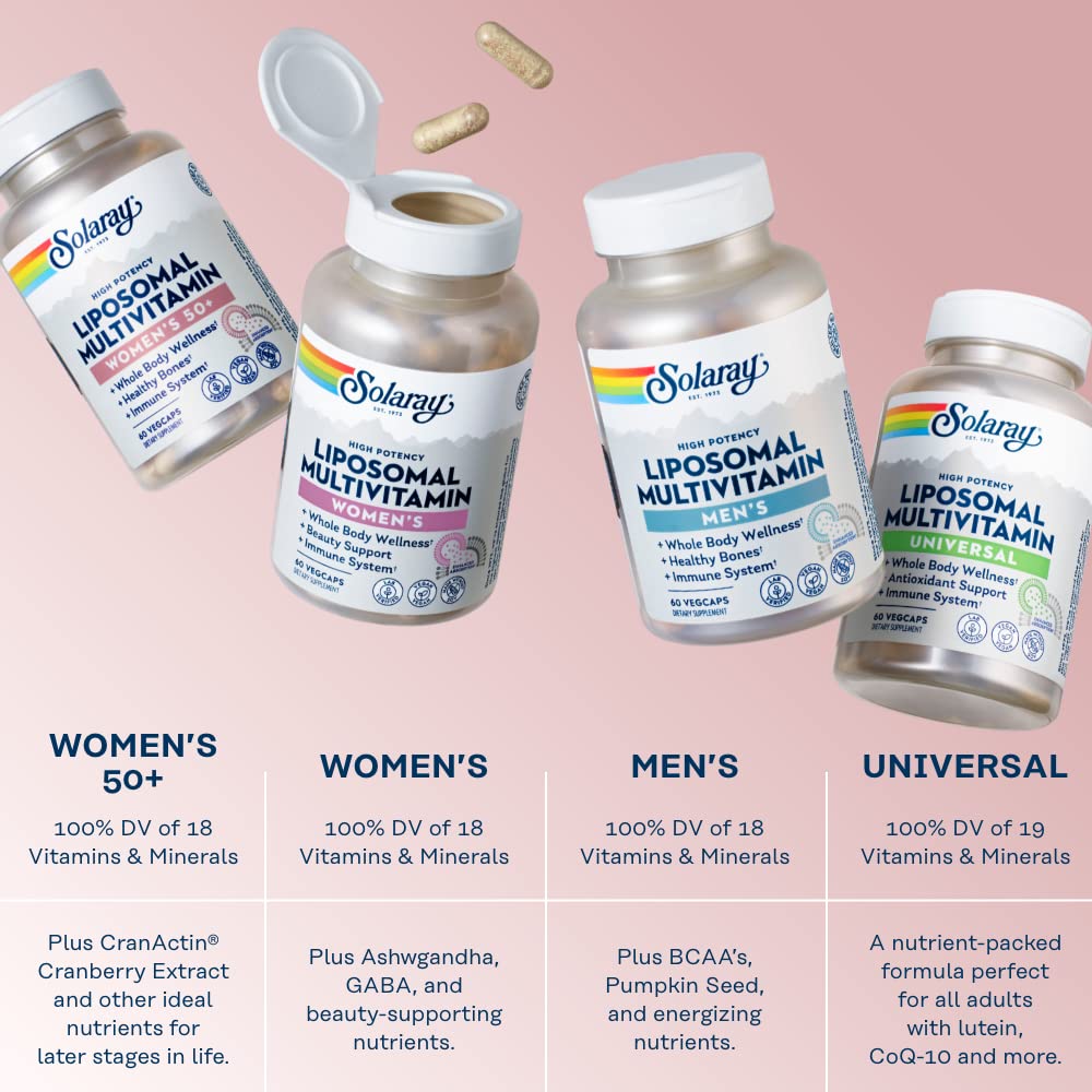 SOLARAY etiqueta nutricional en primer plano que destaca vitaminas y porcentajes