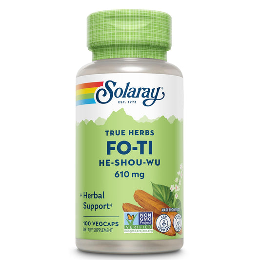 SOLARAY Fo-Ti 610 mg, botella frontal para recordar formato vegano y garantía