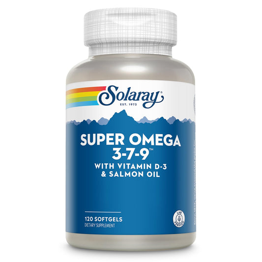 SOLARAY frasco frontal de Super Omega 3 7 9 mostrando etiqueta clara y tamaño