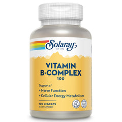 SOLARAY frasco frontal del Vitamin B Complex mostrando etiqueta y cantidad