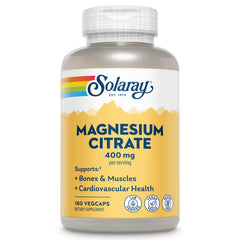 SOLARAY envase frontal de Magnesium Citrate mostrando etiquetado claro y dosis