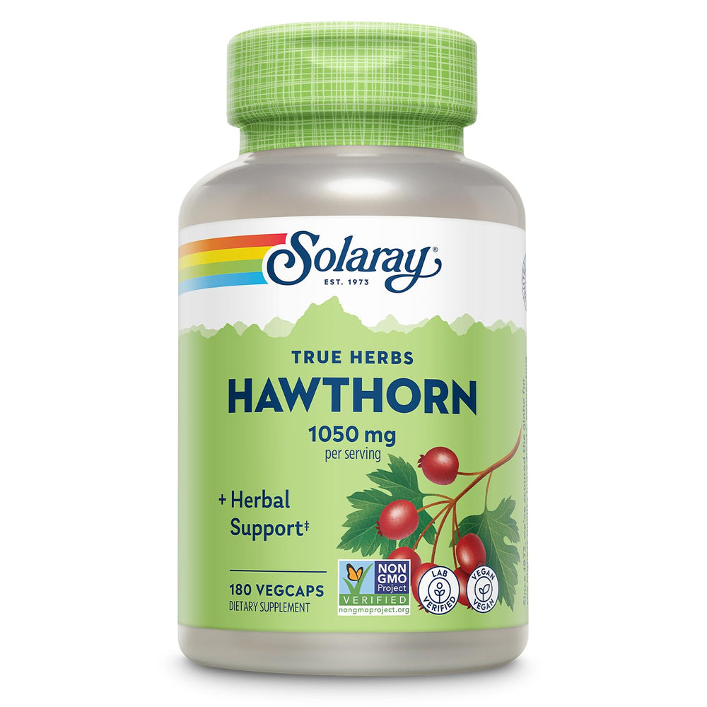 SOLARAY frasco frontal de Hawthorn Berry 180 vegcaps mostrando diseño y tamaño