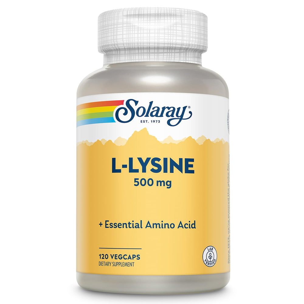 SOLARAY frasco frontal de L-Lysine 500 mg mostrando envase y beneficio de pureza