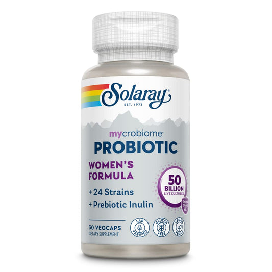 SOLARAY Mycrobiome bottle front showing 50B CFU probiotic for daily gut support
